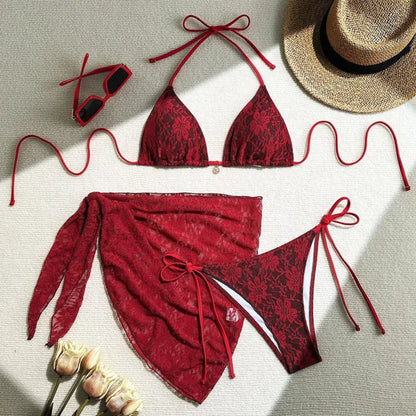 Lace Contrast 3-Piece Bikini Set | Wovetsa