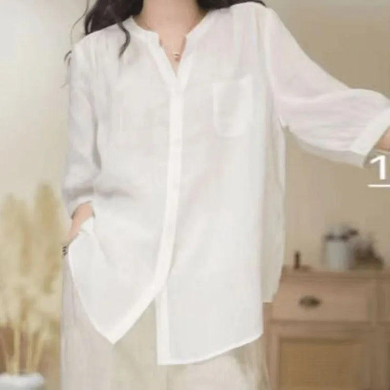 Loose V-Neck Three-Quarter Sleeve Blouse | Wovetsa