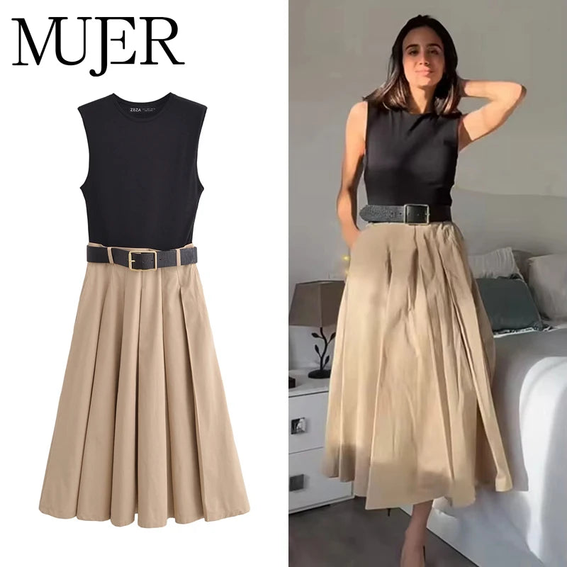 Belted Pleated Midi Dress | Wovetsa