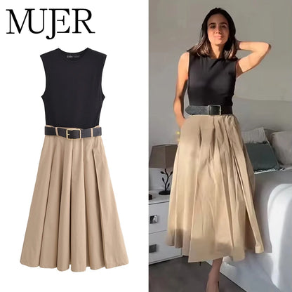 Belted Pleated Midi Dress | Wovetsa