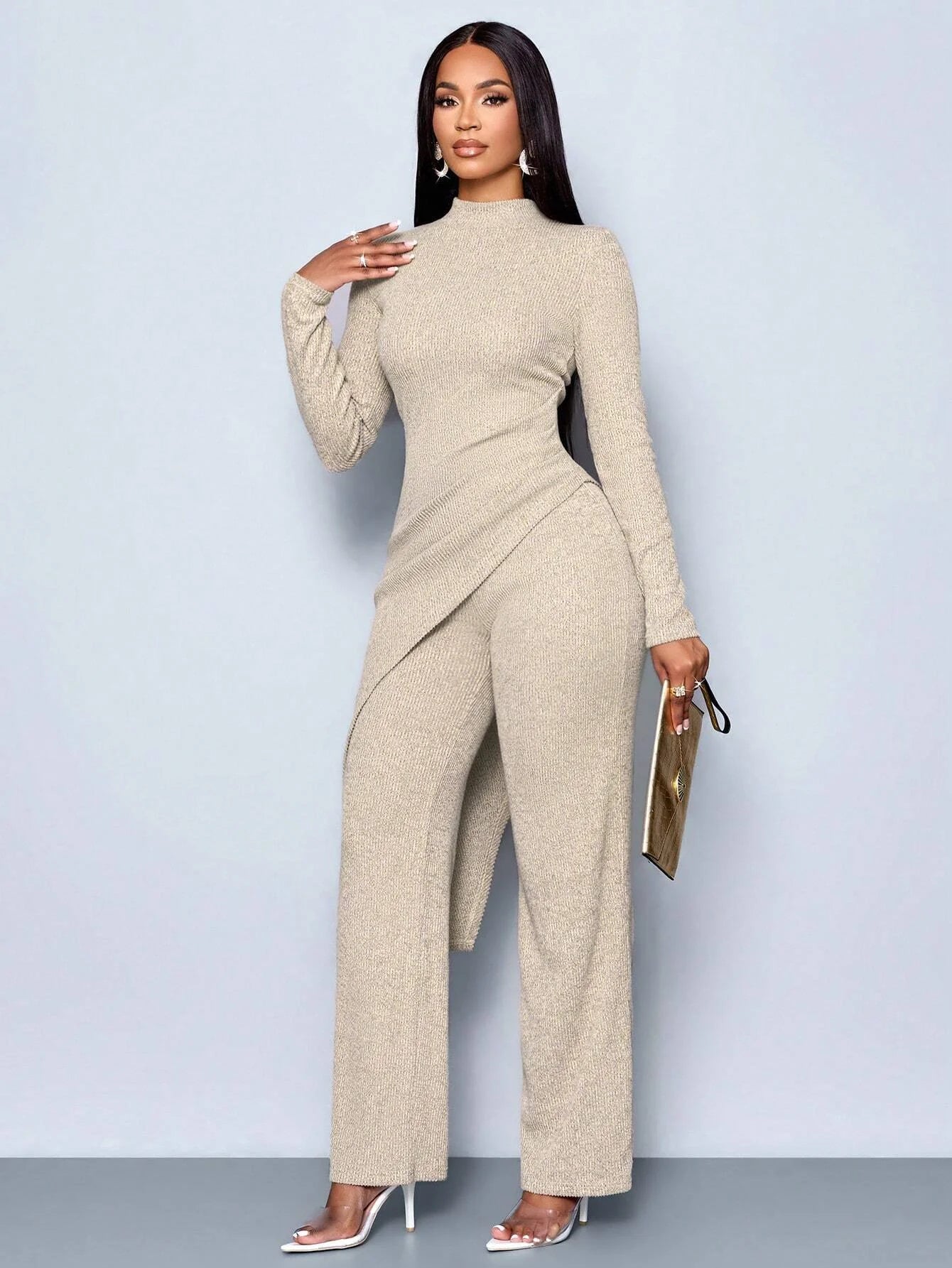 Asymmetric High-Neck Knit Set | Wovetsa
