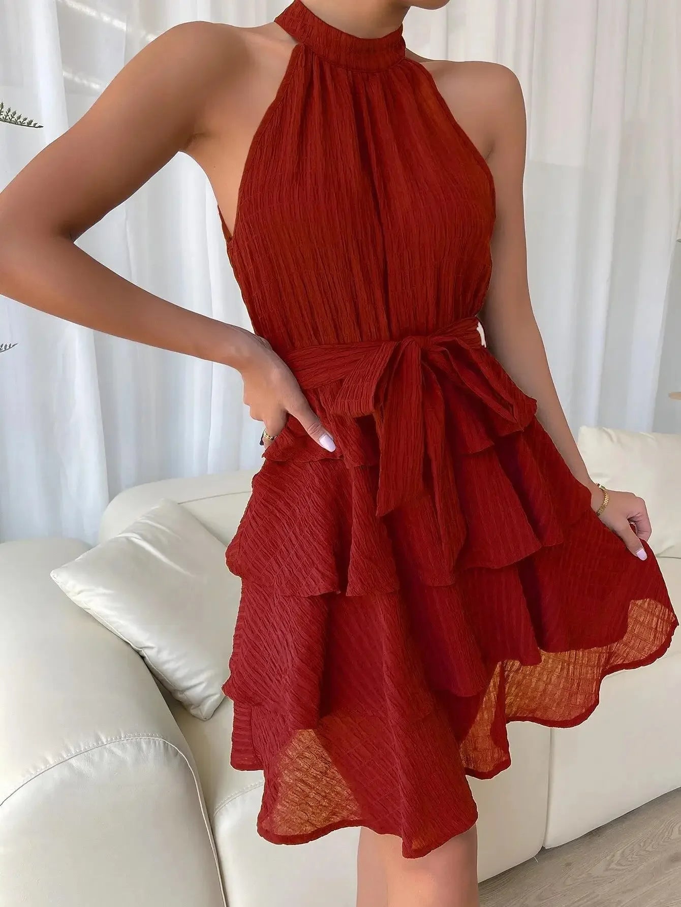 Halter Neck A-Line Mini Dress | Wovetsa